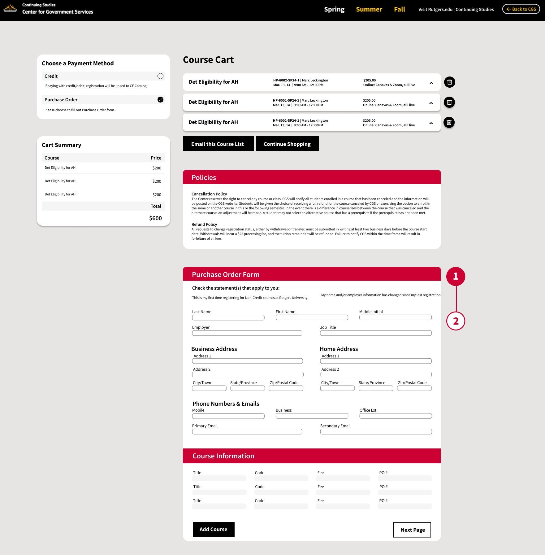 Purchase order form interface
