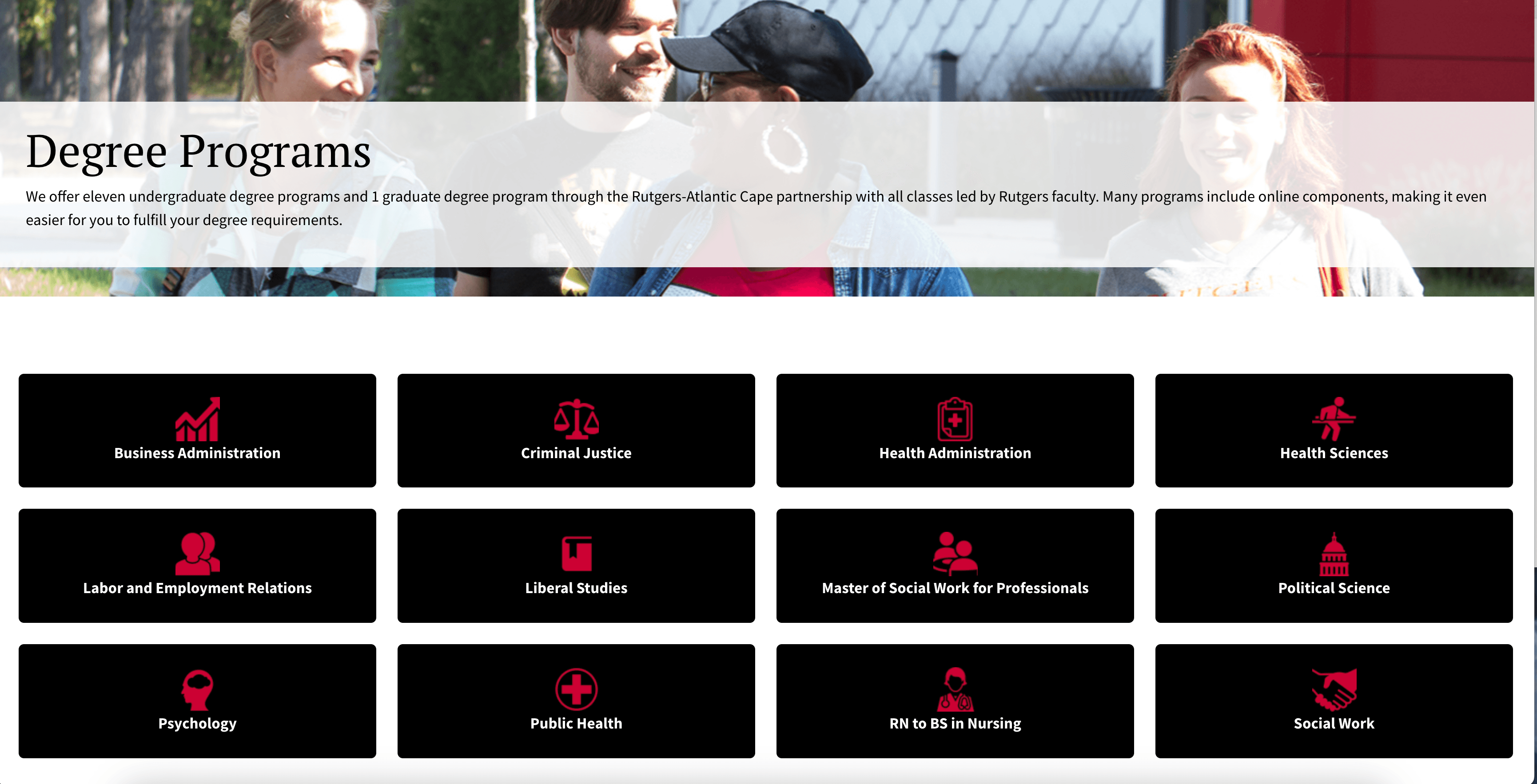 Campus locations section showing five partner community colleges: Atlantic Cape, Brookdale, Camden CC, Mercer, and Morris, each with representative campus photos