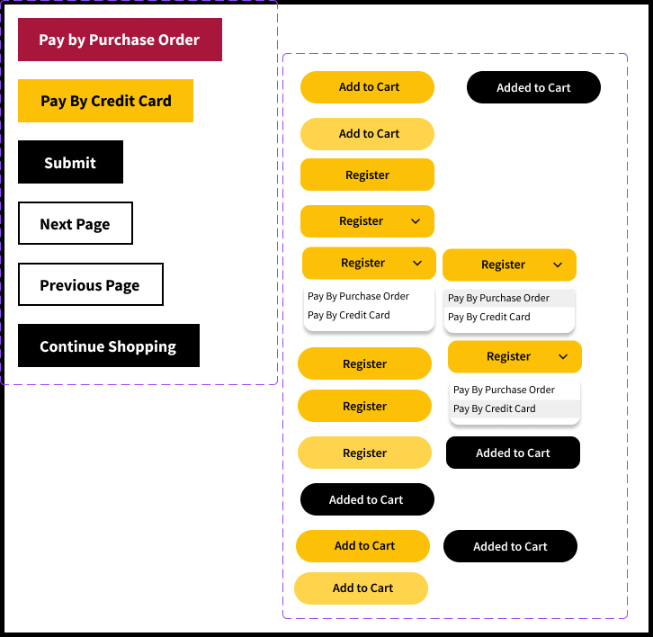 Collection of interactive button variants with different states