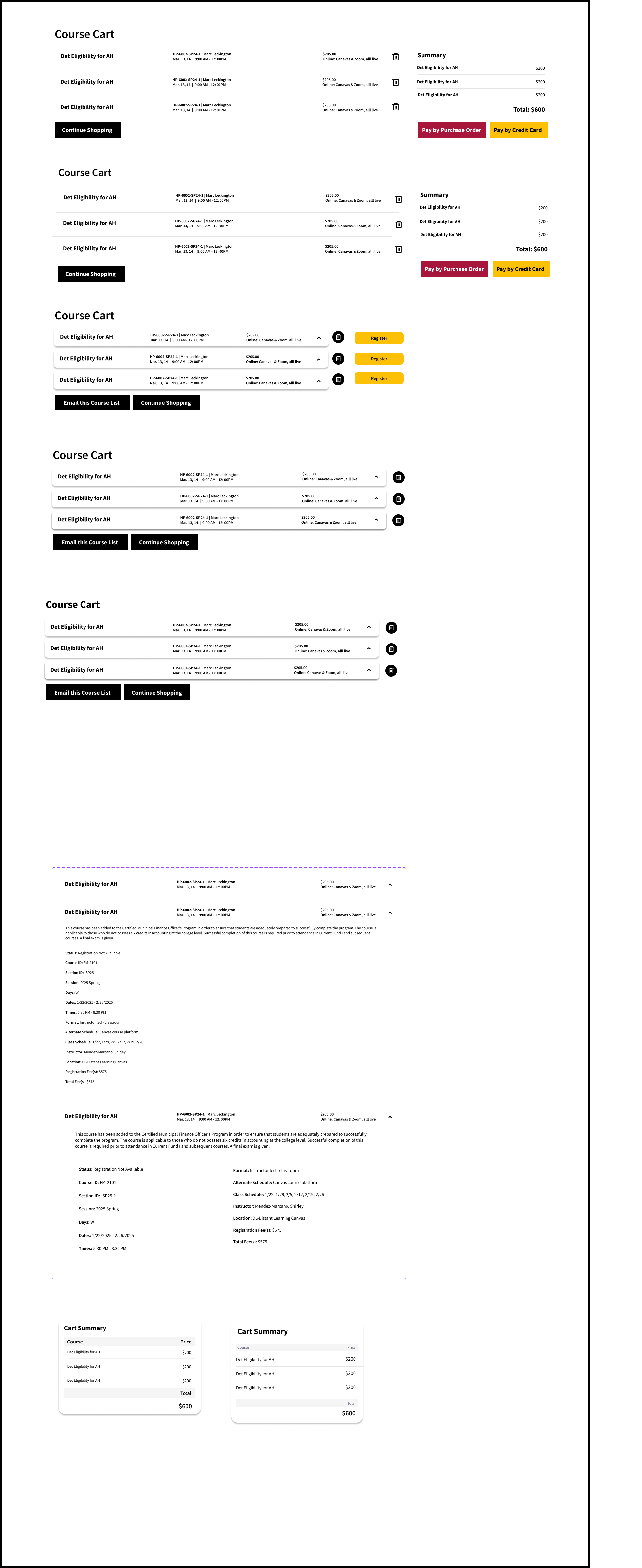 Course cart layouts with expandable course details