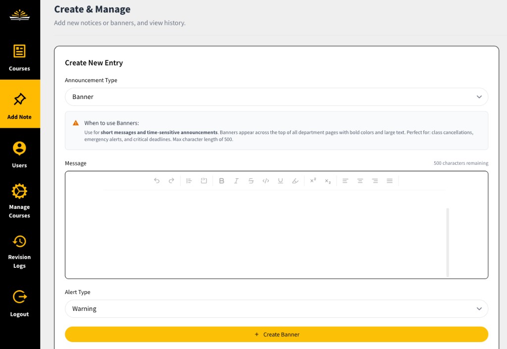 Course Hub admin panel for creating site-wide banners with alert types and revision log navigation