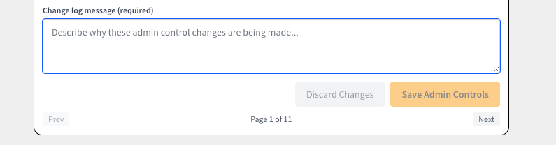 Course Hub admin control panel requiring a change log message before saving updates