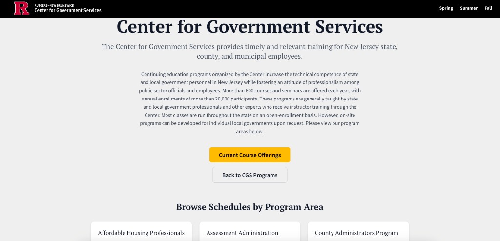 Rutgers Course Hub CGS landing page with program area cards and seasonal navigation