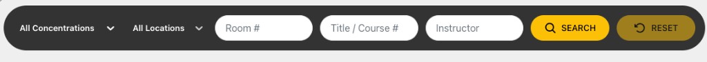Course Hub filter bar with concentration, location, room, title, and instructor search fields