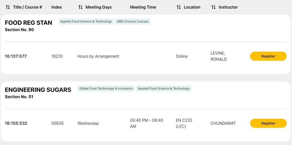 Course Hub responsive course table with color-coded concentration tags and register actions