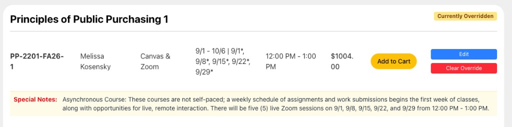 Course Hub course listing with Currently Overridden badge and clear override controls