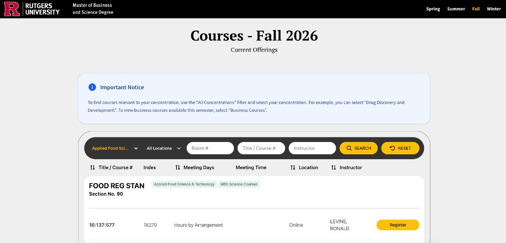 Rutgers Course Hub MBS Fall 2026 catalog with filters, sortable course table, and register buttons