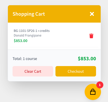 Course Hub shopping cart overlay with course details, total, and checkout actions
