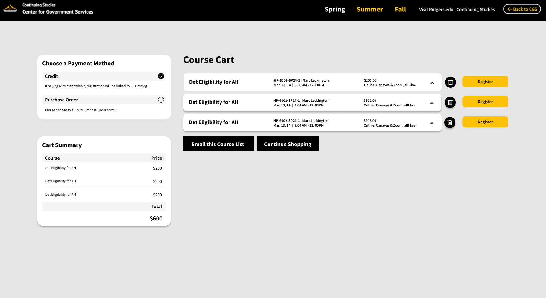 Credit payment option with external registration link