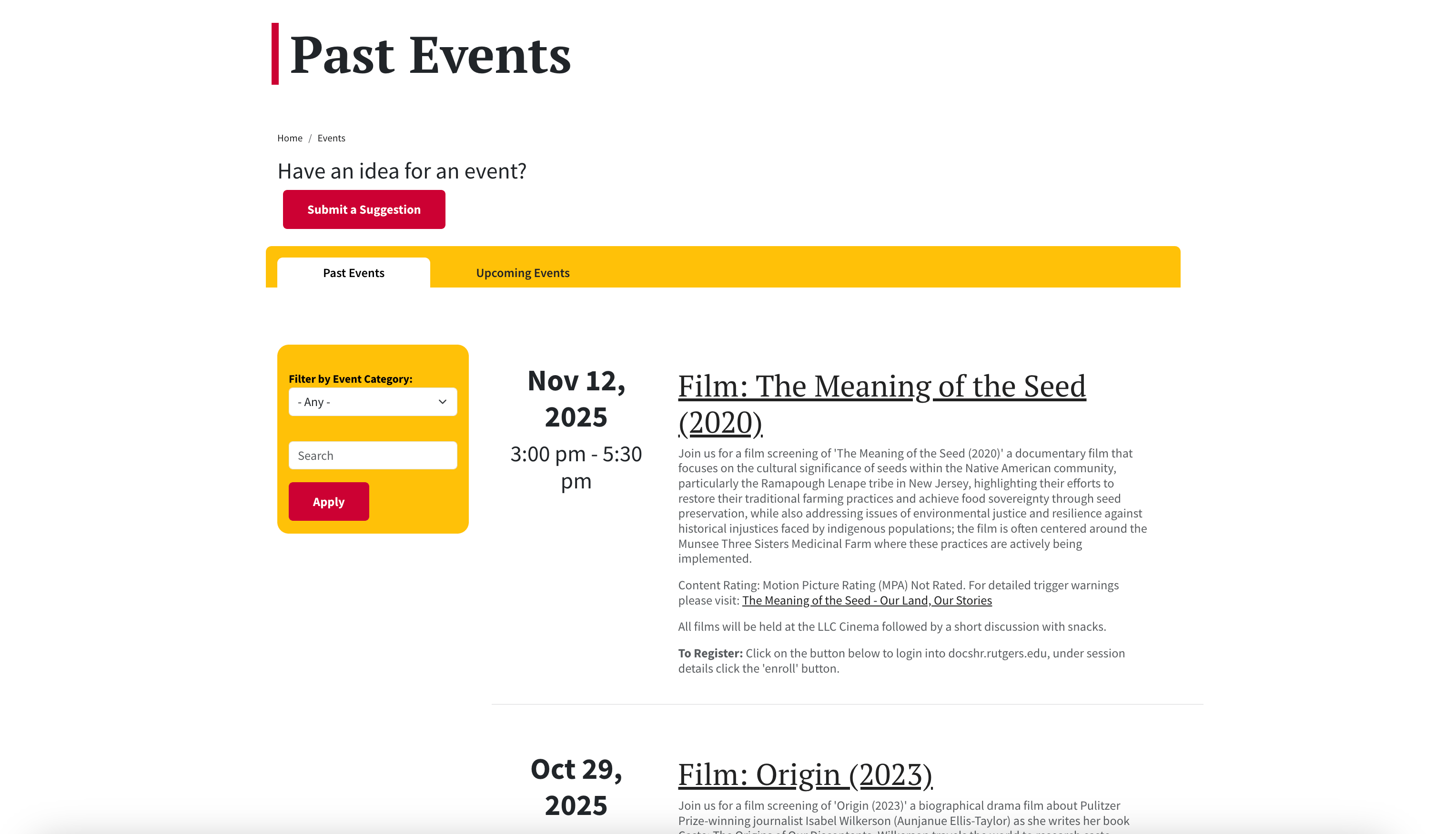 Past Events page showing a filtering sidebar and event listings with Film: The Meaning of the Seed (2020) scheduled for Nov 12, 2025 and Film: Origin (2023) for Oct 29, 2025