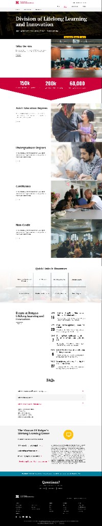 Rutgers Division of Lifelong Learning and Innovation homepage with hero, program sections, events, and FAQs