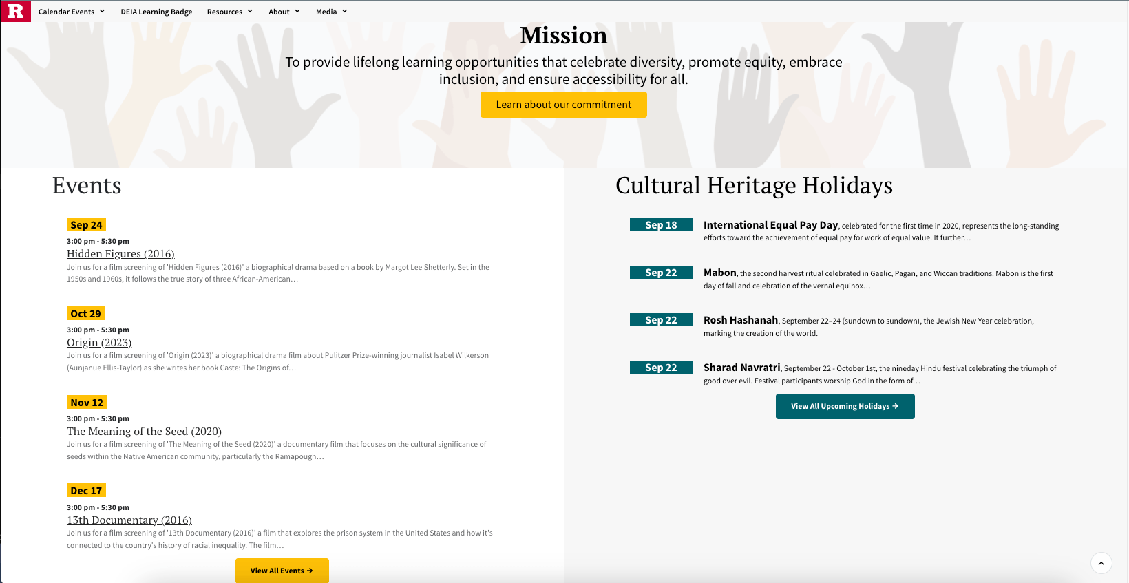 Events listing page showing upcoming and past events with filtering options