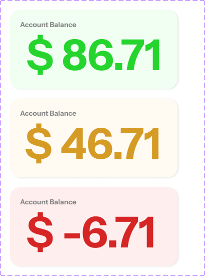 E-ZPass account balance states for positive, low, and negative balances