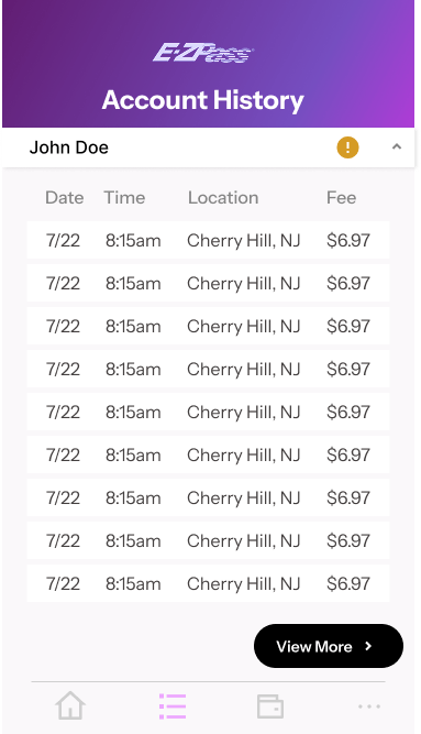 E-ZPass account history screen with a scannable transaction table