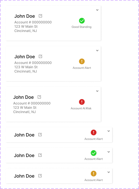E-ZPass account status cards showing good standing, account alert, and at-risk states