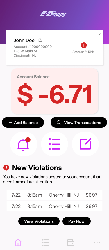 E-ZPass mobile dashboard showing a negative account balance with an at-risk alert