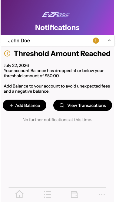 E-ZPass notifications screen with a threshold amount reached alert