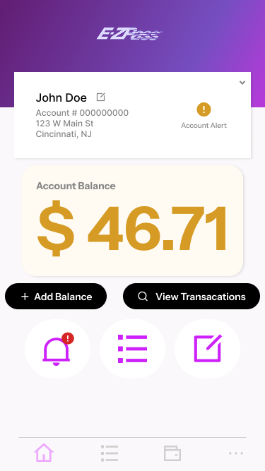 E-ZPass account dashboard with threshold alert indicator