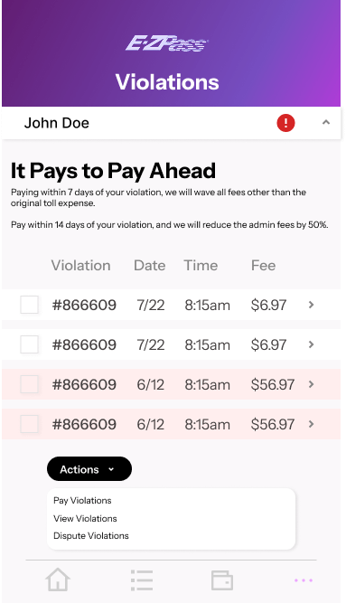 E-ZPass violations screen showing toll violations with an honor-system discount for early payment