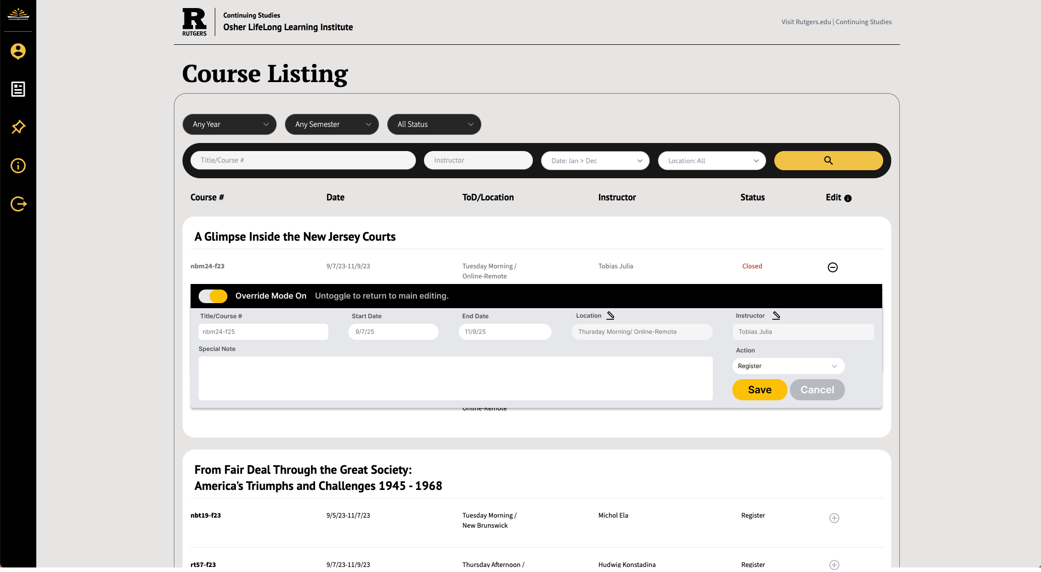 Admin view with navigation menu and action controls