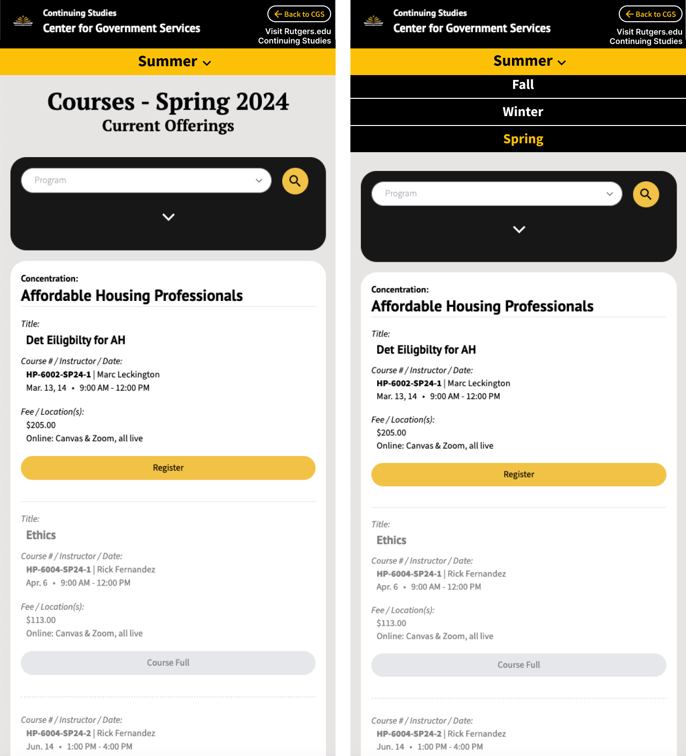 Mobile responsive course listing interface