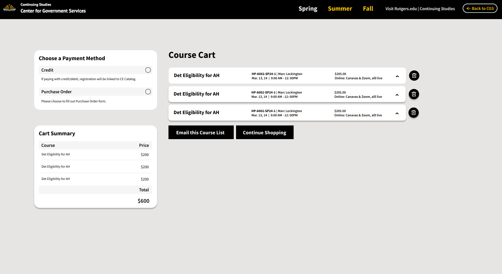 Default checkout page state