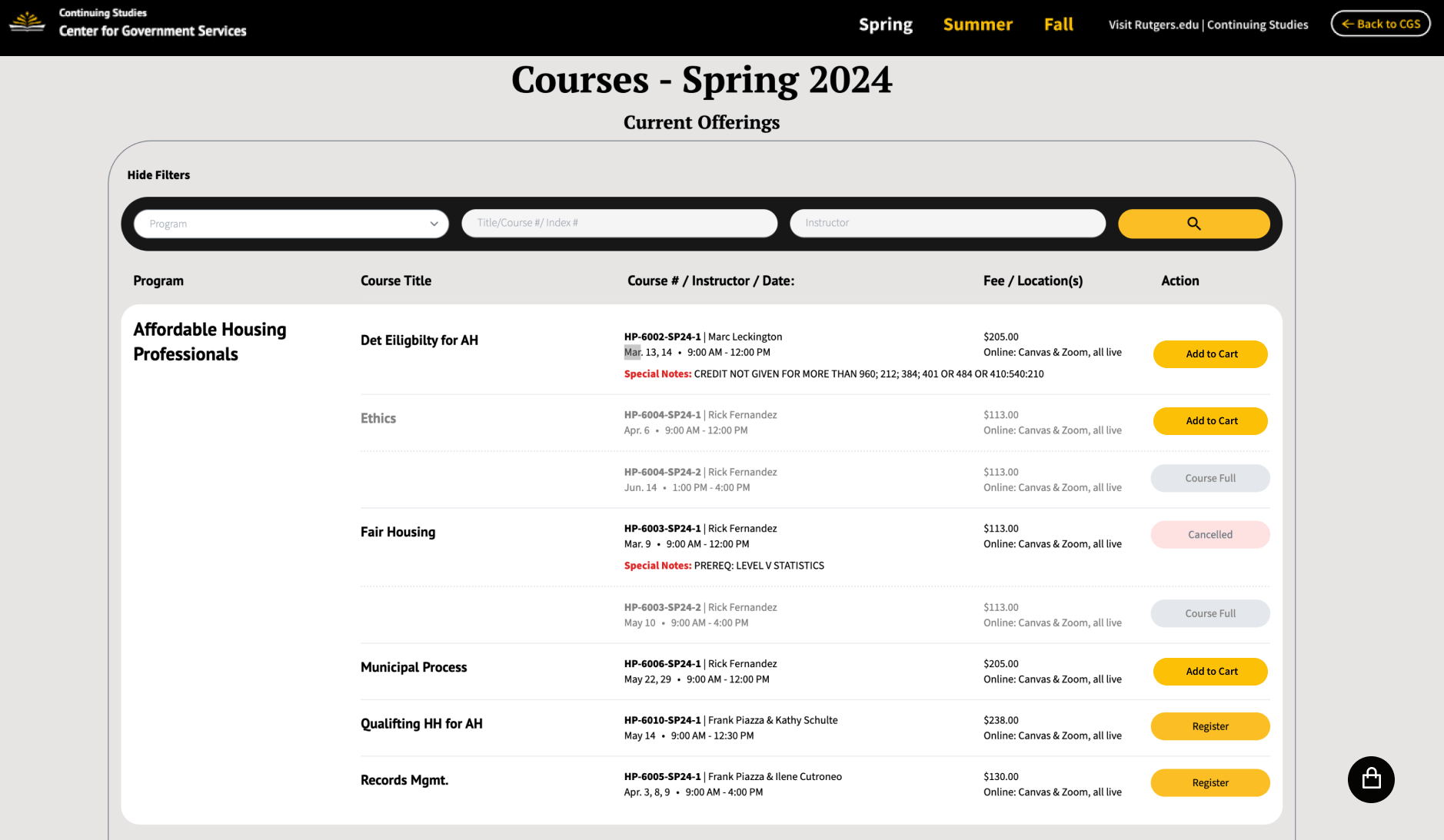 Desktop course listing page with filters and course cards
