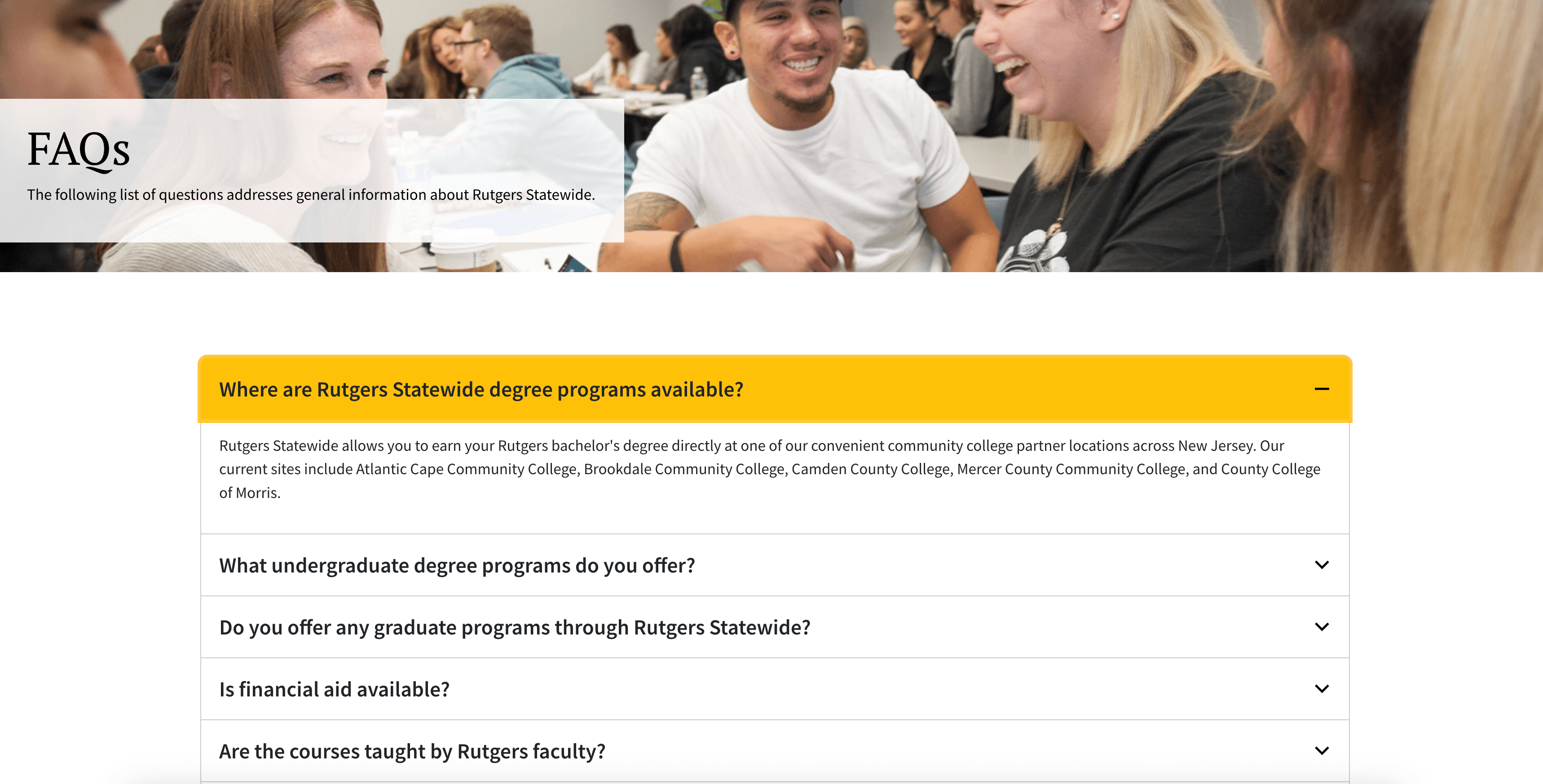 FAQs page with accordion-style questions including 'Where are Rutgers Statewide degree programs available?', 'What undergraduate degree programs do you offer?', 'Do you offer any graduate programs through Rutgers Statewide?', 'Is financial aid available?', and 'Are the courses taught by Rutgers faculty?'